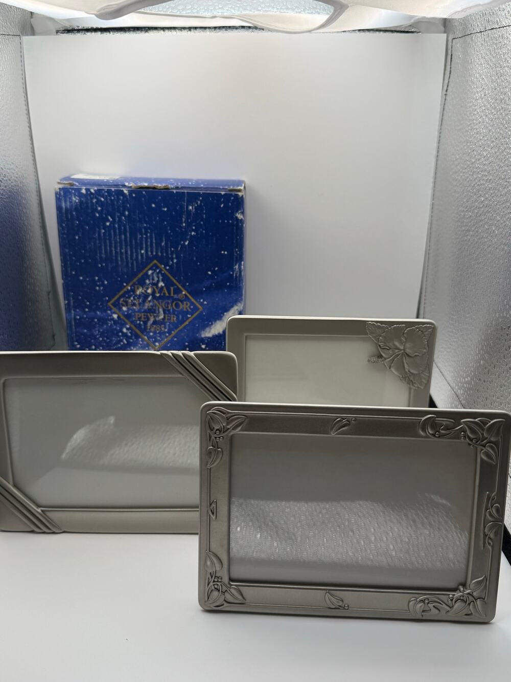 Royal Selangor Pewter Picture Frames Lot of 3 Floral Hibiscus Diagonal Corners